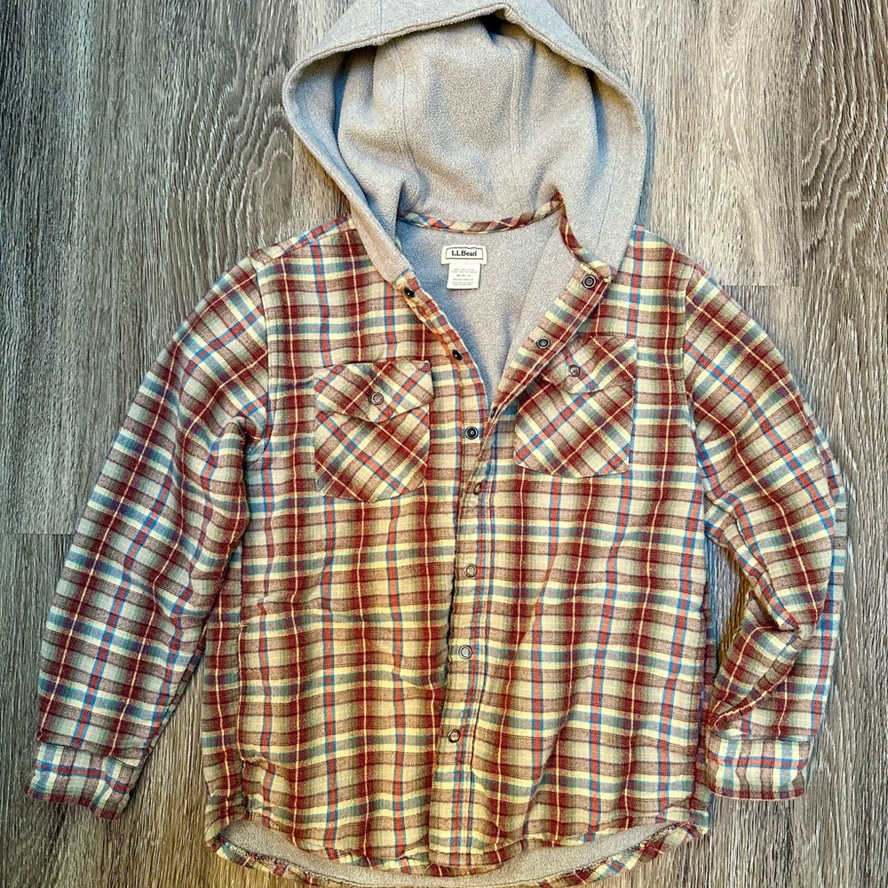 L.L.Bean Kids' Fleece-Lined Flannel Shirt, Hooded Plaid size M